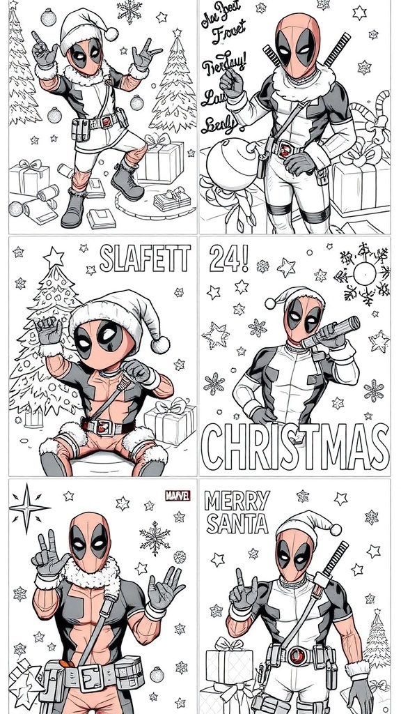 Deadpool Christmas Coloring Pages Coloring pages featuring Deadpool in Christmas settings, including a Santa hat and holiday decorations.